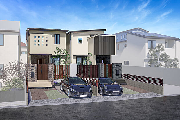 【外観完成予想図】左からT-1、T-2／外観完成予想図