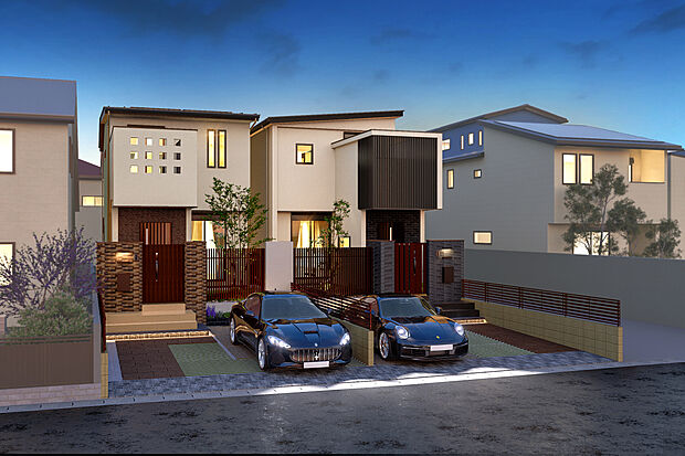 【外観完成予想図】左からT-1、T-2／外観完成予想図