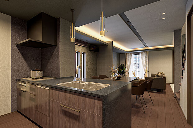 【キッチン完成予想図】T-1／耐久性＆デザイン性に優れたフィオレストーンを使用したタカラスタンダードキッチン。短時間で洗い上げる高性能なMieleの食器洗い乾燥機やタッチレス水栓など上質な仕様で毎日の家事をサポート。