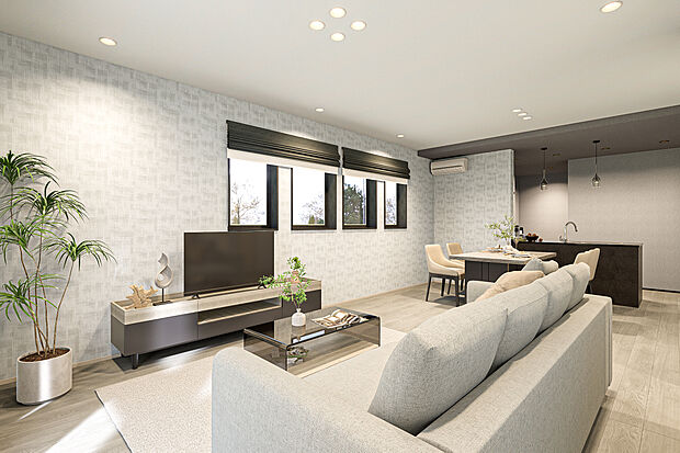 【リビングダイニング完成予想図】T-3／西側の窓は腰高で視線が入りにくく、Fix窓と縦すべり出し窓を組み合わせて採光面を最大限に広げています。窓を開けて換気もでき、全開にはならないので防犯にも配慮した、角地ならではのこだわり仕様。