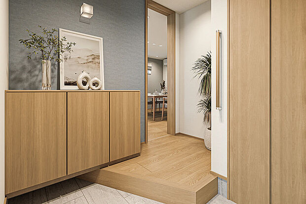 【完成予想図(玄関)】T-2／スマートキーが叶える、鍵を鞄に入れたままのスマートな帰宅。最新設備が日常のわずらわしさを解消し、家族の安全を見守ります。