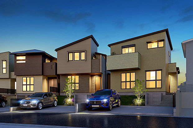 【完成予想図(夜間外観)】T-2、T-1／一棟一棟の個性が光るスタイリッシュな外観が、街並みに美しいリズムを刻みます。光と影が計算された意匠が、住まう人の誇りを満たします。