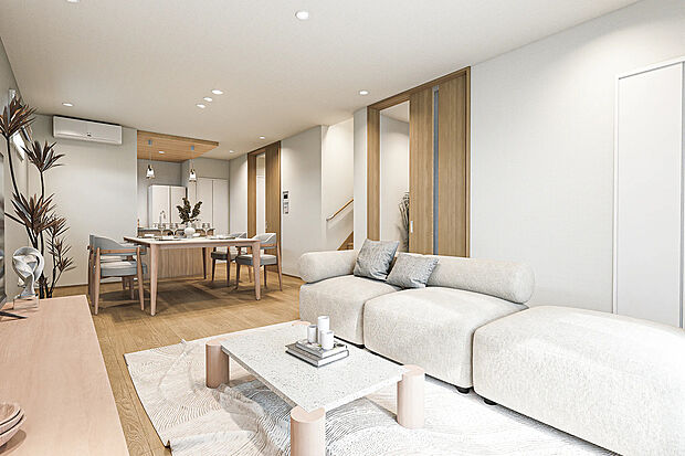 【完成予想図(LDK)】T-2／シンプルで個性が光る内観は、お気に入りのインテリアを美しく引き立てます。余白のある空間で、あなたらしいこだわりを自由に描ける住まいです。