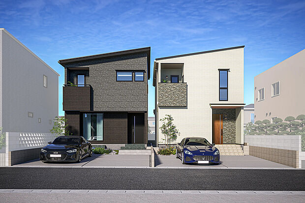 【外観完成予想図】T-2、T-1／名鉄「一ツ木」駅徒歩8分、公園も近い閑静な街。商業施設が身近に揃う利便性と、太陽光発電を備えた高断熱なZEH仕様が魅力です。家計と環境に優しく、心豊かな暮らしを叶える住まいです。