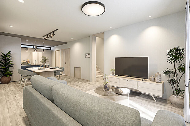 【LDK完成予想図】T-2／広々とした19.9帖のLDKは、淡いグレーのトーンで統一したシンプルモダンな空間。心地よい自然光に包まれながら、家族がゆったりと寛げる大空間を実現しました。