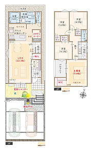 太陽光発電パネル搭載、南向き、ZEHプラス仕様、断熱等級5、フラット対面キッチン付LDK広々22.3帖、WIC&amp;床暖房付主寝室広々9.4帖、スタディコーナー、優れた家事動線、収納充実、プライベートバルコニー 