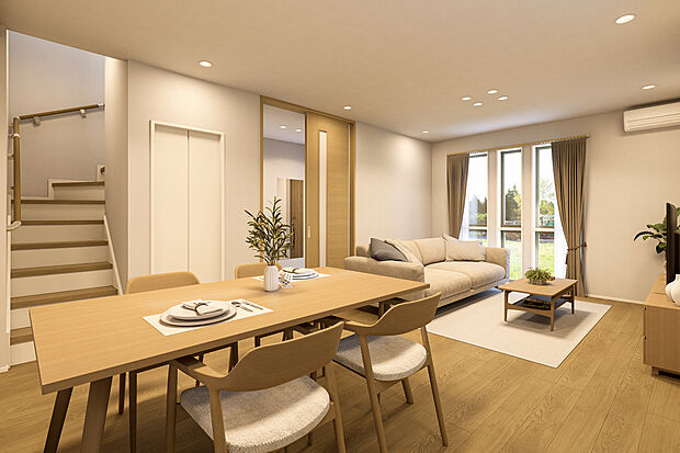 【リビングダイニング完成予想図】T2/ボリュームのあるソファを置いても空間に余白が生まれ、部屋全体がスッキリと洗練された印象に。サイズを気にせず好きなインテリアを選べるから、「好き」をいっぱい詰め込める理想の空間が実現!