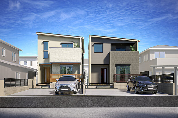 【外観完成予想図】T-1、T-2／トレンドのモルタル壁をベースに、洒落たアクセントを加えたシンプルながら温もりのある外観。優れた断熱性と耐震性を併せ持つ、安心と住み良さを兼ね備えた長寿命な住まいです。