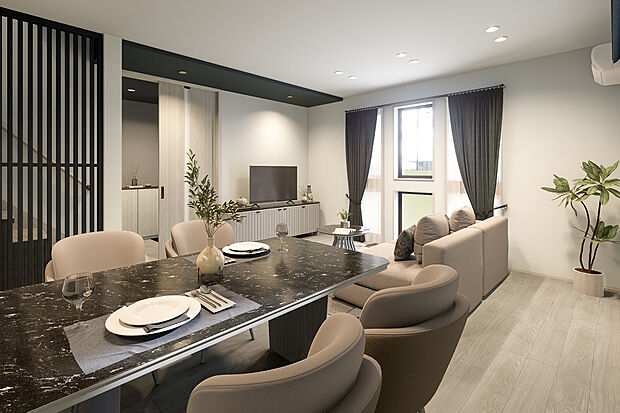 【リビングダイニング完成予想図】T-2／完成予想図／黒のデザイン格子が空間のアクセントとなる、スタイリッシュなLDK。緩やかにエリアを分ける機能性と美しさを兼ね備え、暮らしに心地よいリズムを生み出します。