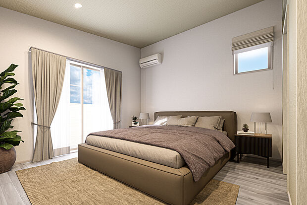 【主寝室完成予想図】T-1／陽差しが心地よい8.0帖の主寝室。大型バルコニーへ続く開放的な動線が、暮らしにゆとりをプラス。広々とした空間で心ゆくまでリラックスでき、る安らぎの寝室です。