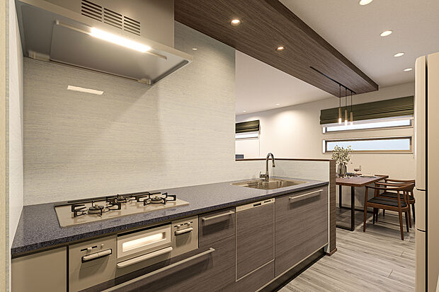 【キッチン完成予想図】T-1／上質なタカラスタンダードのキッチンには食洗機や便利なストレージハンガーを完備し、効率的に家事をサポートします。木目調のデザインが空間に溶け込み、お料理中も家族との会話が弾みます。