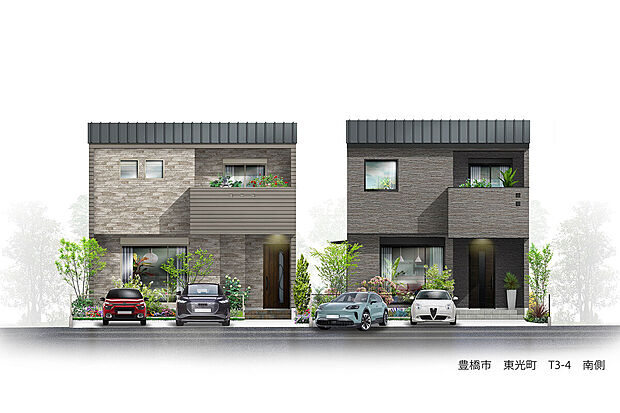 【外観完成予想図】T-3、T-4／明るい陽光に包まれる南向きの住まい。暮らしやすい4LDKの間取りには、住み良さや快適さをとことん詰め込みました。豊かな暮らしを紡ぐ高性能な住まいは、永きに渡って家族の幸せを叶えます。