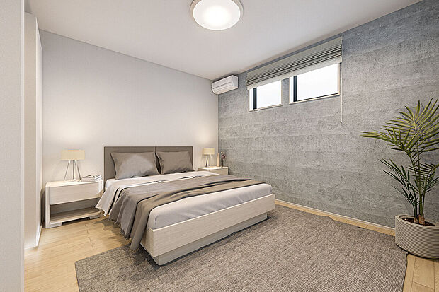 【主寝室完成予想図】T-4／主寝室の窓はハイサッシにすることで効果的に陽差しを取り込みつつ、眩しすぎる光を抑えます。