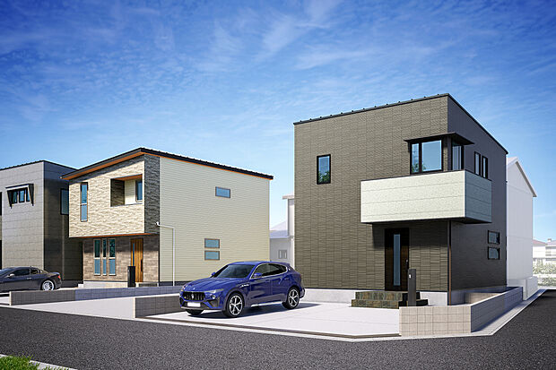 【外観完成予想図】T-1／広々とした駐車スペースはお出かけや送り迎えもスムーズ。自然光が心地よく差し込むのは角地ならでは。家族みんながのびのび過ごせる空間が広がります。