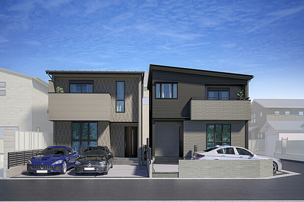 【外観完成予想図】T-1、T-2／高強度・防火性・遮音性に優れた構造用石膏ボードを使用し、住まいを支える制震ダンパー『Kダンパー』を搭載。快適で安心感のある暮らしがずっと続く、強くて優しい住まい。