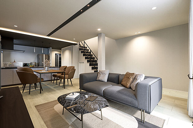 【リビングダイニング完成予想図】T-3／22.9帖のLDKは、一部を吹抜けにすることで空間の広がりをより一層感じられる快適設計。さらに照明をダウンライトにすることで、視線がスッと抜ける広々とした空間が実現します。