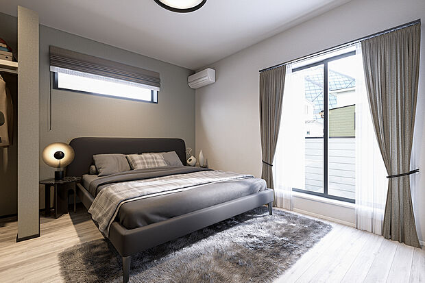 【主寝室完成予想図】T-1／1日の疲れを癒してくれる、落ち着いたトーンでまとめられた8.0帖の主寝室。ゆとりある広さとホテルライクな空間が極上のリラックスタイムを演出。ドアレスのWICで空間をより広くスッキリとキープ。