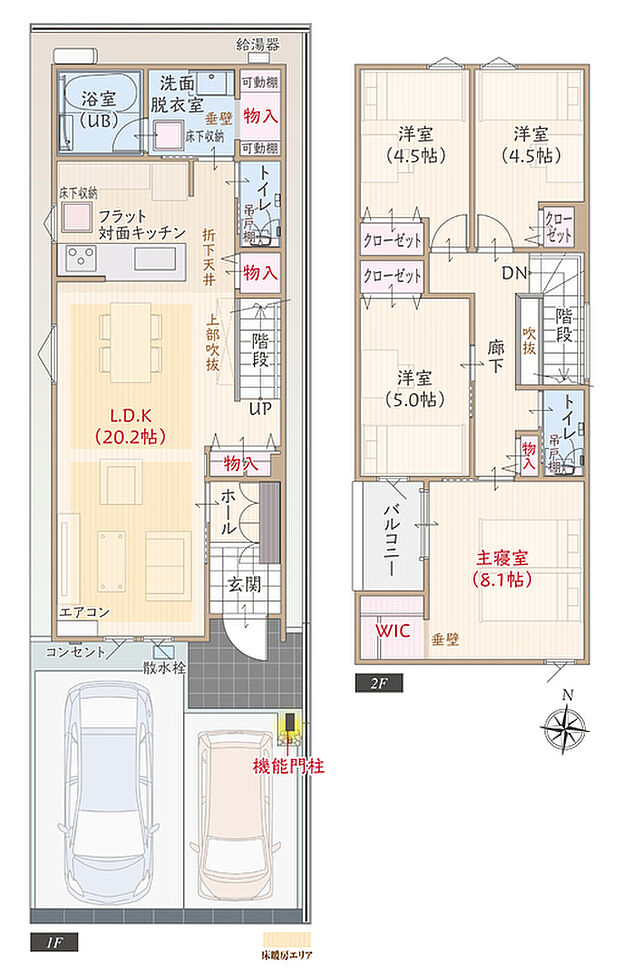【4LDK】太陽光発電パネル搭載、南向き、断熱等級5、ZEH仕様の家、第一種換気&全熱交換換気、開放的なフラット対面キッチン付LDK広々20.2帖、WIC付主寝室広々8.1帖、収納充実、駐車2台可