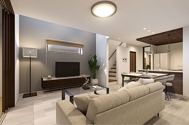 【リビングダイニング完成予想図】T-1／18帖のゆとりある空間に、吹抜けがさらなる開放感をもたらします。ホワイト×グレーの洗練された意匠美が、家族の幸せな時間を心地よい光と広がりで優しく包み込みます。