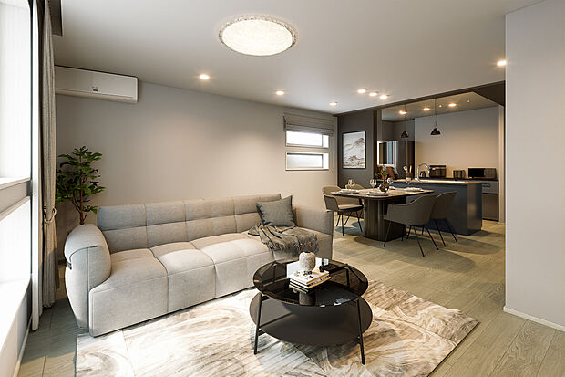 【リビングダイニング完成予想図】T-3／キッチンからリビング全体を見渡せる開放的なレイアウトで、家事をしながらでも家族との会話が弾みます。2階リビングならではの明るい陽光と、ゆとりある18.7帖の広さが心に余裕を与えてくれます。