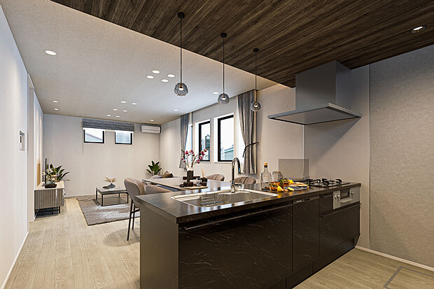 【キッチン完成予想図】T-1/キッチンはタカラスタンダード製を採用。天板には天然水晶の気品を宿す高級人造石「フィオレストーン」を贅沢に使用しました。深みのある質感と煌めきが空間の品格を高め、料理の時間を優雅に彩ります。