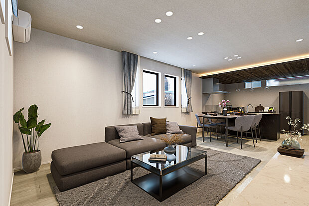 【リビングダイニング完成予想図】T-1/19.2帖のゆとりあるLDKは、シックでモダンな装い。上質なインテリアに包まれ、心休まるひと時を叶えてくれる、広さと洗練されたデザインが調和する空間で、家族との時間を心ゆくまで楽しめます。