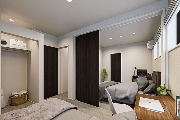 【洋室完成予想図】T-1/成長に合わせて変化できる、フレキシブルな続き間設計。引き戸を開放すれば9.9帖の大空間、閉めればプライバシーを守る個室として活躍します。各室にクローゼットを完備し、収納力も確保しました。