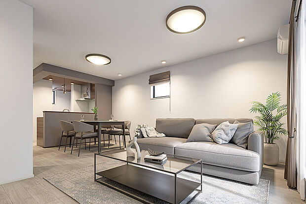 【リビングダイニング完成予想図】T-2/落ち着きのあるシックモダンな空間に、LDKのどこにいても家族の気配を感じられる、安心の住まい。広々とした空間と上質なデザインが、毎日の暮らしを心地よく、ゆったりと彩ります。