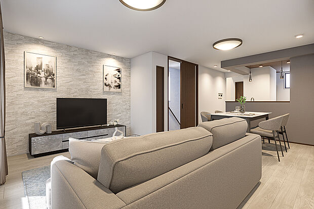 【リビングダイニング完成予想図】T-2/リビング階段を通って居室に行く配置だから、家族が自然とリビングで顔を合わせる機会が増えます。毎日の何気ない会話が生まれやすく、家族のコミュニケーションを豊かに育む設計です。