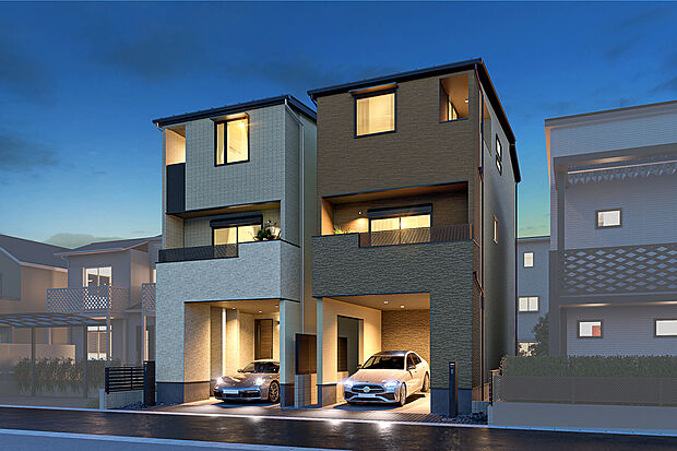 【外観完成予想図】T-1、T-2/夜間には、住まいからあふれる照明のやわらかな光が、帰宅する家族を優しく迎え入れます。一日の終わりに、ほっと心が安らぐ住まいです。