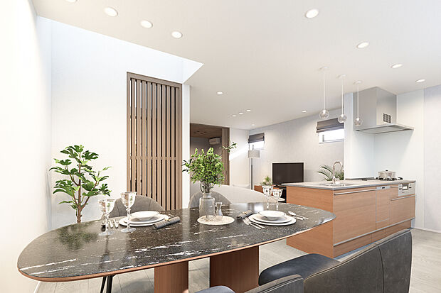 【リビングダイニング完成予想図】T-5完成予想図／気品漂う縦格子が空間を緩やかに仕切るモダンなLDK。4.5帖の続間和室はお子様の遊び場や家事スペースとしても◎。素材感にこだわった上質な仕様で日々の暮らしに豊かな彩りと安らぎを。