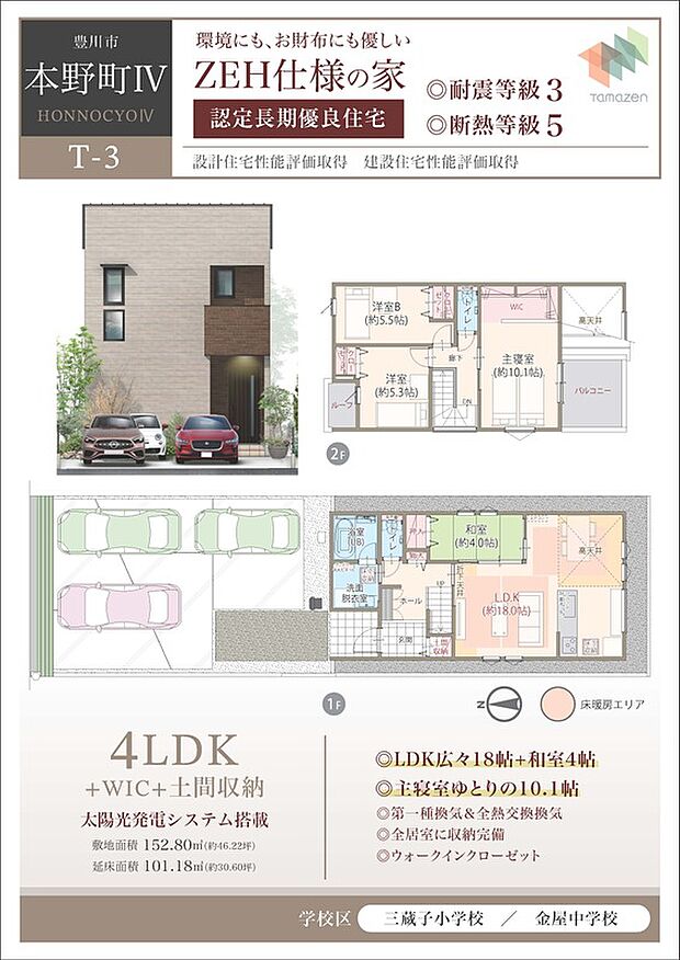 【4LDK】太陽光発電システム搭載、ZEH仕様の家、耐震等級3、断熱等級5、LDK広々18帖+和室4帖、主寝室ゆとりの10.1帖、第一種換気&全熱交換換気、全居室に収納完備、ウォークインクローゼット