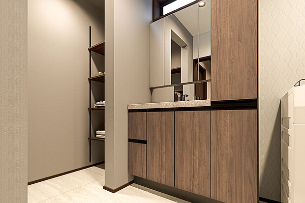 【洗面脱衣室完成予想図】T-1/サイドキャビネット付きの洗面台が配置できる広々洗面脱衣室には、可動棚付きの物入れを設置して収納力UP!着替えや毎日使うタオルなどが収まるから、洗濯物をしまうのも1箇所で済んで手間なし。