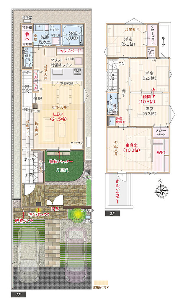 【4LDK】南向き、庭付き、太陽光発電パネル搭載、耐震等級3、断熱等級5、ZEH仕様、第一種換気&全熱交換換気、対面キッチン付LDK広々21.5帖、大型WIC付主寝室広々10.3帖、洋室続間10.6帖、南面バルコニー、防犯カメラ