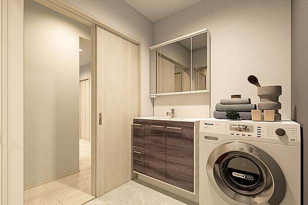 【洗面脱衣室完成予想図】T-2/水廻りを集約したレイアウトで、家事動線はとてもスムーズ。料理をしながら洗濯を進めたり、掃除の移動もラクにこなせる、毎日の家事負担を軽減する効率的で使い勝手の良い間取りです。