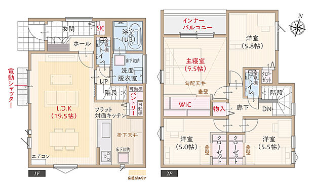 【4LDK＋パントリー＋SIC＋WIC】太陽光発電パネル搭載、角地、ワイド間口、駐車3台可、耐震等級3、断熱等級5、ZEH仕様の家、対面キッチン付LDK広々19.5帖、上部勾配天井&大型WIC付主寝室広々9.5帖、インナーバルコニー