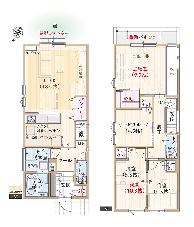 【3LDK＋サービスルーム＋SIC＋WIC】広々南面庭、太陽光発電パネル搭載、耐震等級3、断熱等級5、ZEH仕様の家、開放的なフラット対面キッチン付LDK広々18.0帖、上部勾配天井&WIC付主寝室広々9.0帖、洋室続間10.3帖