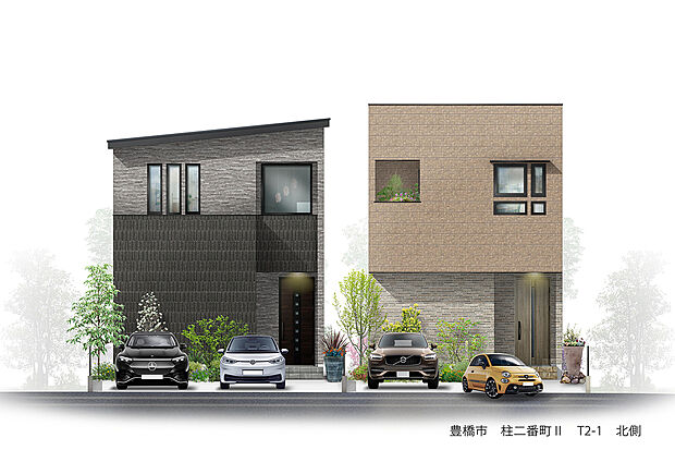 【外観完成予想図】T-2、T-1／48坪超の広々敷地で叶えるゆとりある暮らし。4台駐車可能なので来客時や複数台所有にも対応。小学校や保育園が近い子育てにも安心のエリア。駅近で商業施設も充実し、暮らしを豊かに彩ります。