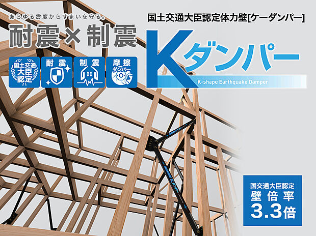 【制震ダンパー（Kダンパー）】国土交通大臣認定耐力壁、壁倍率3.3倍！フレームの強さで地震に抵抗する耐震性能と、揺れにブレーキをかけて吸収する制震性能を持ち合わせたKダンパー。繰り返し起こる地震にも高い耐久性で住まいを守り続けます。