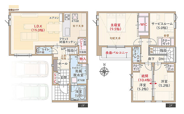 【3LDK+S】太陽光発電パネル搭載、ワイド間口、耐震等級3、断熱等級5、ZEH、第一種換気&全熱交換換気、フラット対面キッチン付LDK広々19.0帖、大型WIC付主寝室広々9.5帖、洋室続間10.4帖、大型PT、南面バルコニー