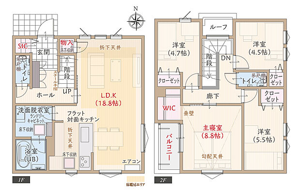 【4LDK】太陽光発電パネル搭載、ZEH仕様、耐震等級3、制震ダンパー、断熱等級5、第一種換気&全熱交換換気、対面キッチン付LDK広々18.8帖、上部勾配天井&大型WIC付主寝室広々8.8帖、SIC、優れた家事動線、収納充実