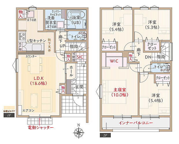 【4LDK】南向き、太陽光発電パネル搭載、耐震等級3、断熱等級5、ZEH仕様、第一種換気&全熱交換換気、L型キッチン付LDK広々18.6帖、大型WIC付主寝室広々10帖、収納充実、インナーバルコニー