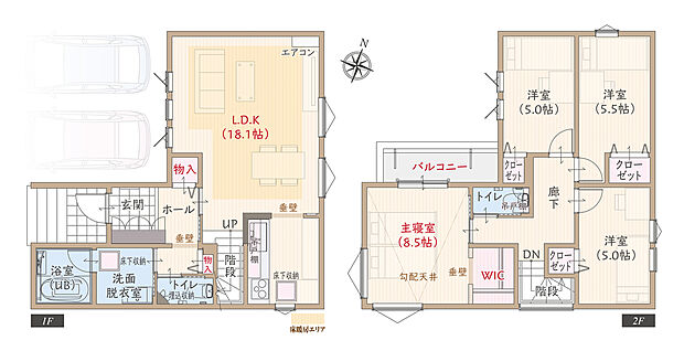 【4LDK】太陽光発電パネル搭載、ワイド間口、耐震等級3、断熱等級5、ZEH仕様、第一種換気&全熱交換換気、LDK広々18.1帖、上部勾配天井&大型WIC付主寝室広々8.5帖、収納充実、駐車2台