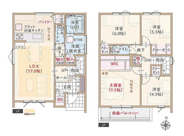 【4LDK】南向き、駐車3台可、太陽光発電パネル搭載、耐震等級3、断熱等級5、ZEH仕様、第一種換気&全熱交換換気、フラット対面キッチン付LDK広々17.0帖、上部勾配天井&大型WIC付主寝室広々9.5帖、SIC、南面バルコニー