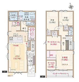 南向き、太陽光発電パネル搭載、耐震等級3、断熱等級5、ZEH仕様、第一種換気&amp;全熱交換換気、フラット対面キッチン付LDK広々18.7帖、サービスルーム&amp;WIC付主寝室広々9.0帖、FCL、インナーバルコニー 