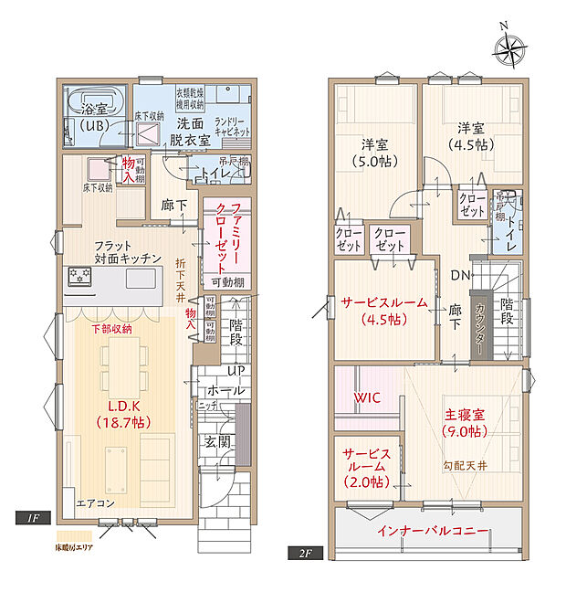 【3LDK+2S】南向き、太陽光発電パネル搭載、耐震等級3、断熱等級5、ZEH仕様、第一種換気&全熱交換換気、フラット対面キッチン付LDK広々18.7帖、サービスルーム&WIC付主寝室広々9.0帖、FCL、インナーバルコニー