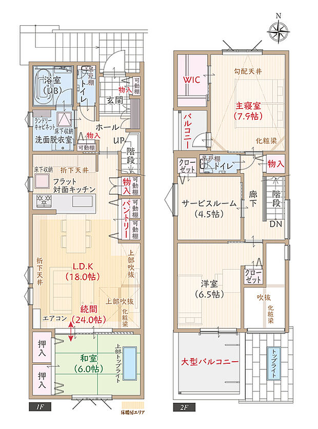 【3LDK+S】太陽光発電パネル搭載、採光良好、耐震等級3、断熱等級5、第一種換気&全熱交換換気、ZEH仕様、上部吹抜&フラット対面キッチン付LDK広々18.0帖、続き和室、上部勾配天井&大型WIC付主寝室広々7.9帖、大型バルコニー
