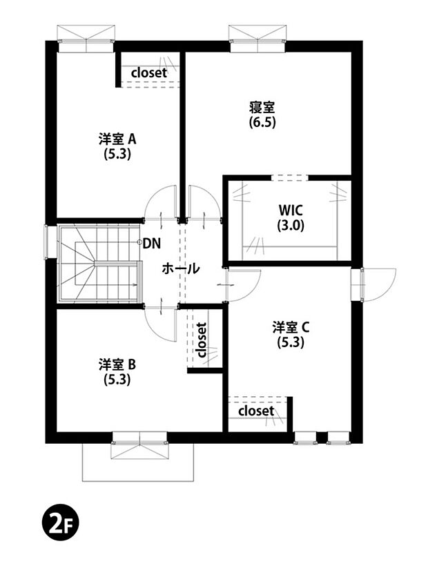 【2F間取図】
2階に使い勝手の良い4部屋を配置し、プライベート空間を確保。全居室に収納があり、生活空間を広くお使いいただけます。