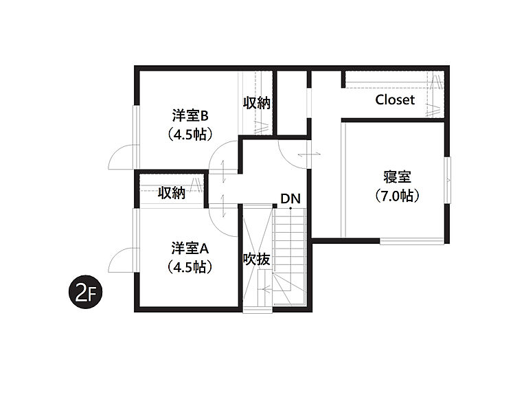 【2階間取図】
各室に収納があり、お部屋のスペースを有効的に使えます。大容量のクローゼットがあり、季節物もスッキリ片付きます。