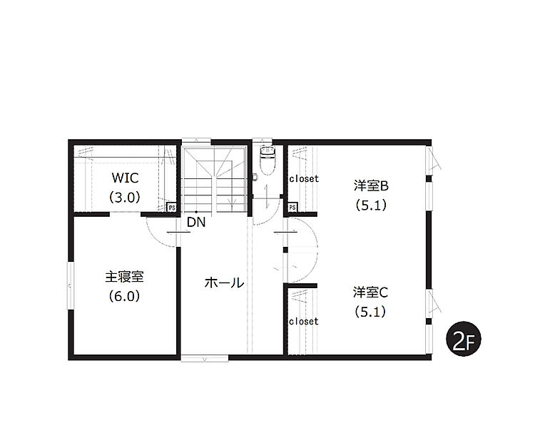 【2階間取図】
WICを含む全居室収納付きで室内スッキリ。洋室は将来間仕切りを設け2つの部屋に分けられる設計にしました。
